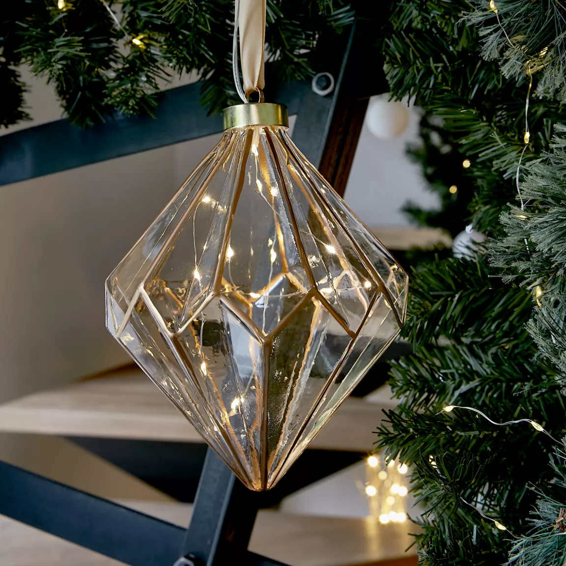 Diamant lumineux à piles 15 LED (H20 cm) Vintage Or/blanc chaud
