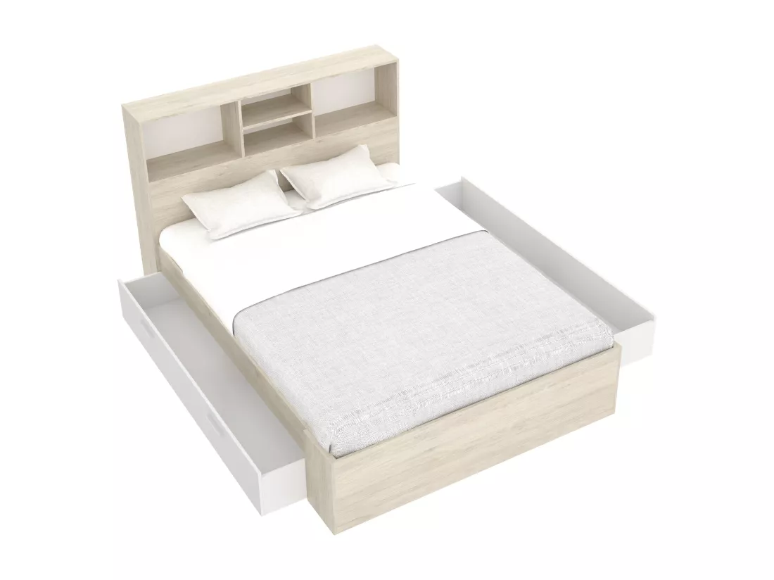 Lit 140 x 190 cm avec rangements - Coloris : Naturel et blanc - VARDIEL