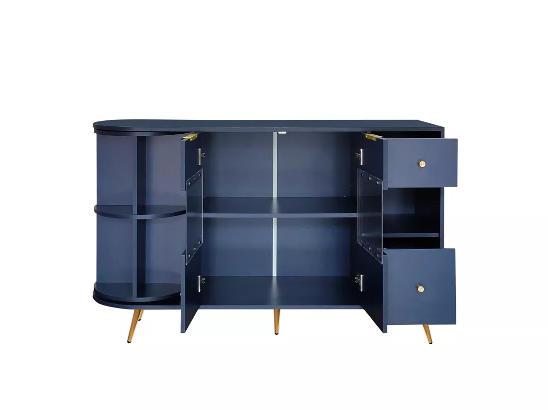 Buffet armoires de rangement bleu marin avec 2 portes battantes en verre éclairage LED poignets et pieds dorés LED RIPHRENS BLUE