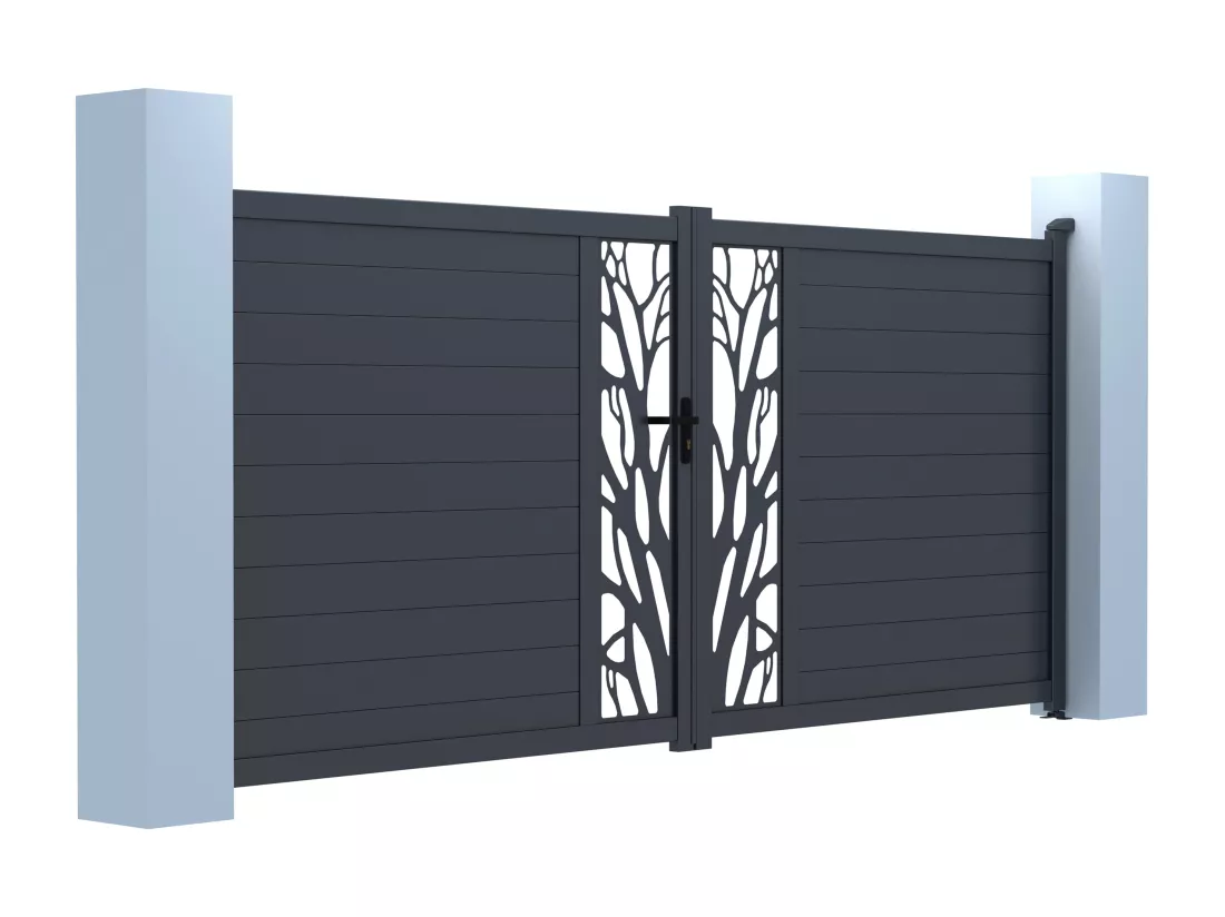 Portail électrique battant aluminium semi ajouré à motifs L407 x H187 cm anthracite LABRIT II