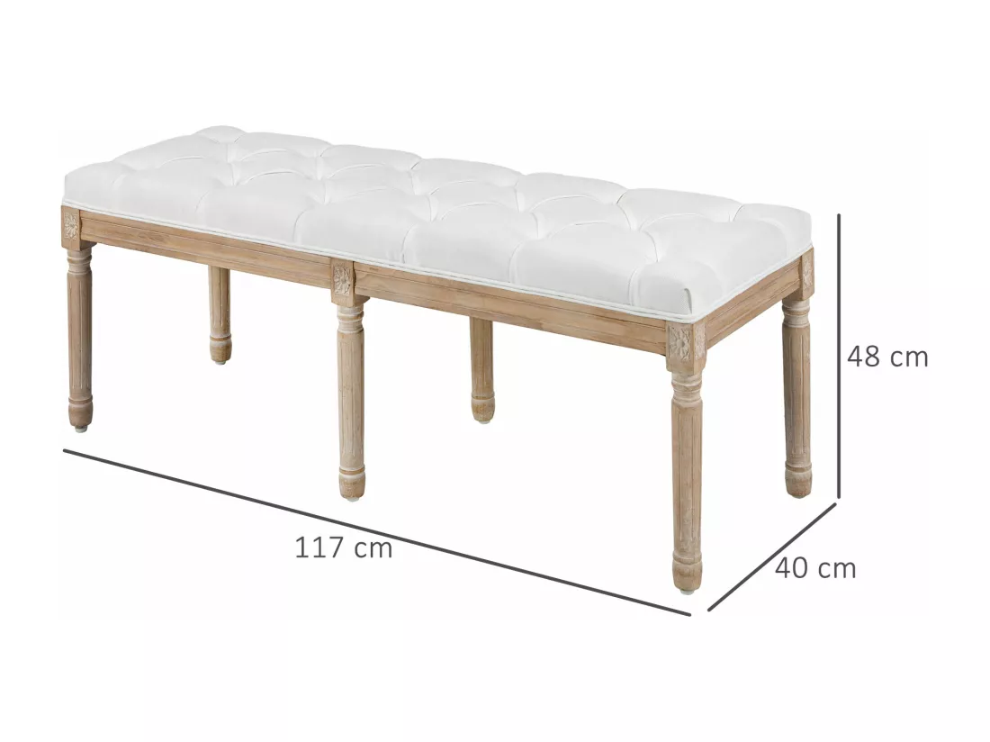 Tabouret repose-pied capitonné style classique - bois d'hévéa sculpté, patiné - revêtement aspect lin crème