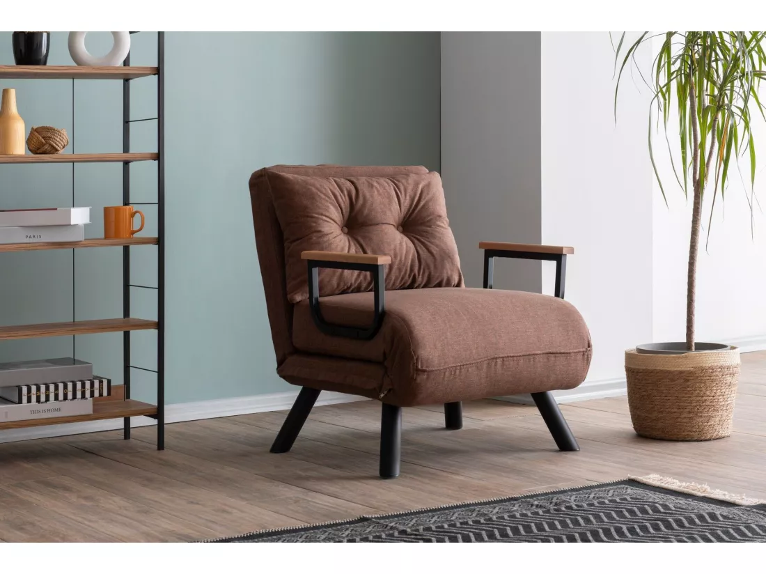 Fauteuil convertible Yolanda Métal Noir et Lin Marron clair