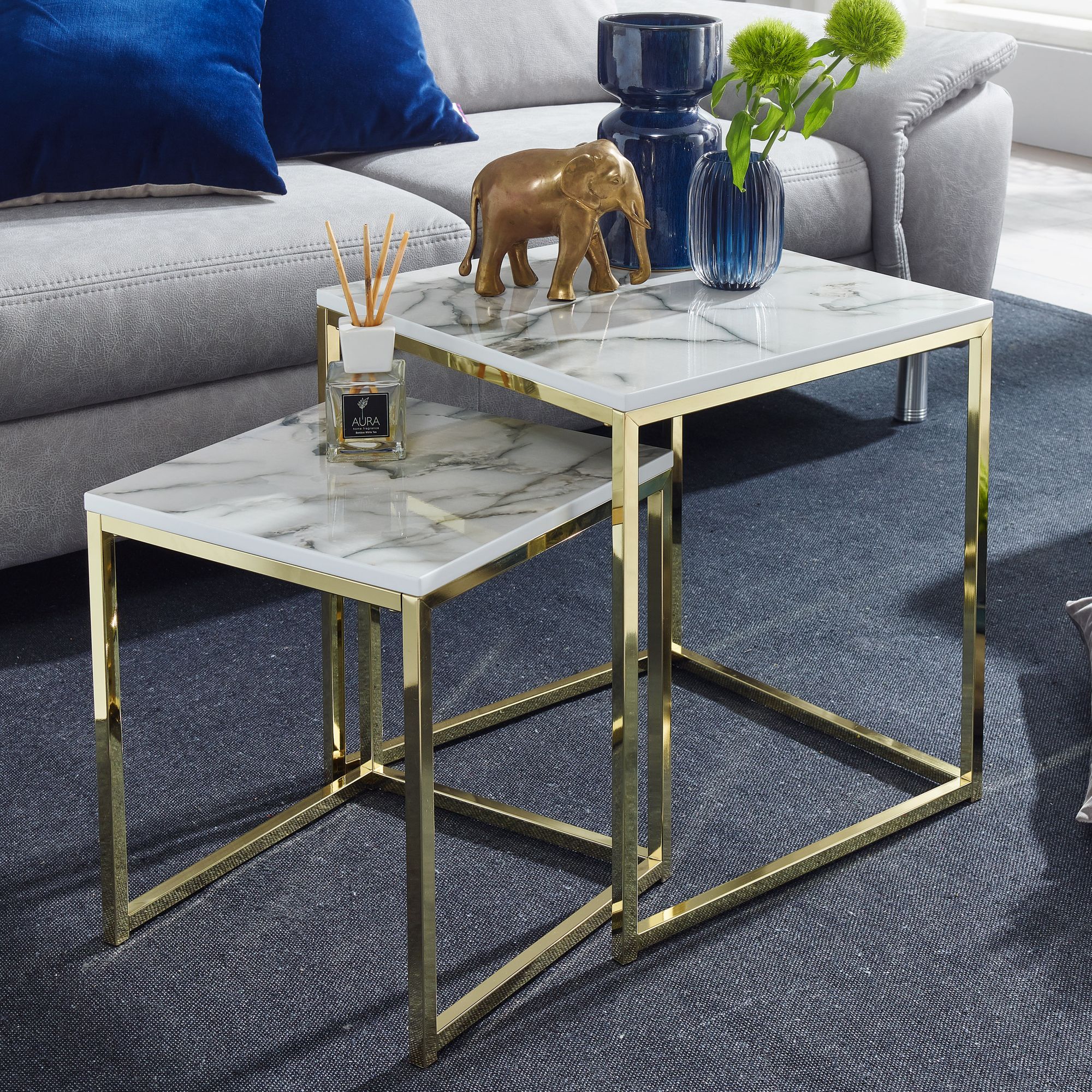 KADIMA DESIGN Beistelltisch Set in Marmor-Optik und goldener Farbe, Moderne und stilvolle Wohnzimmermöbel, 2 Größen, Robustes Metallgestell