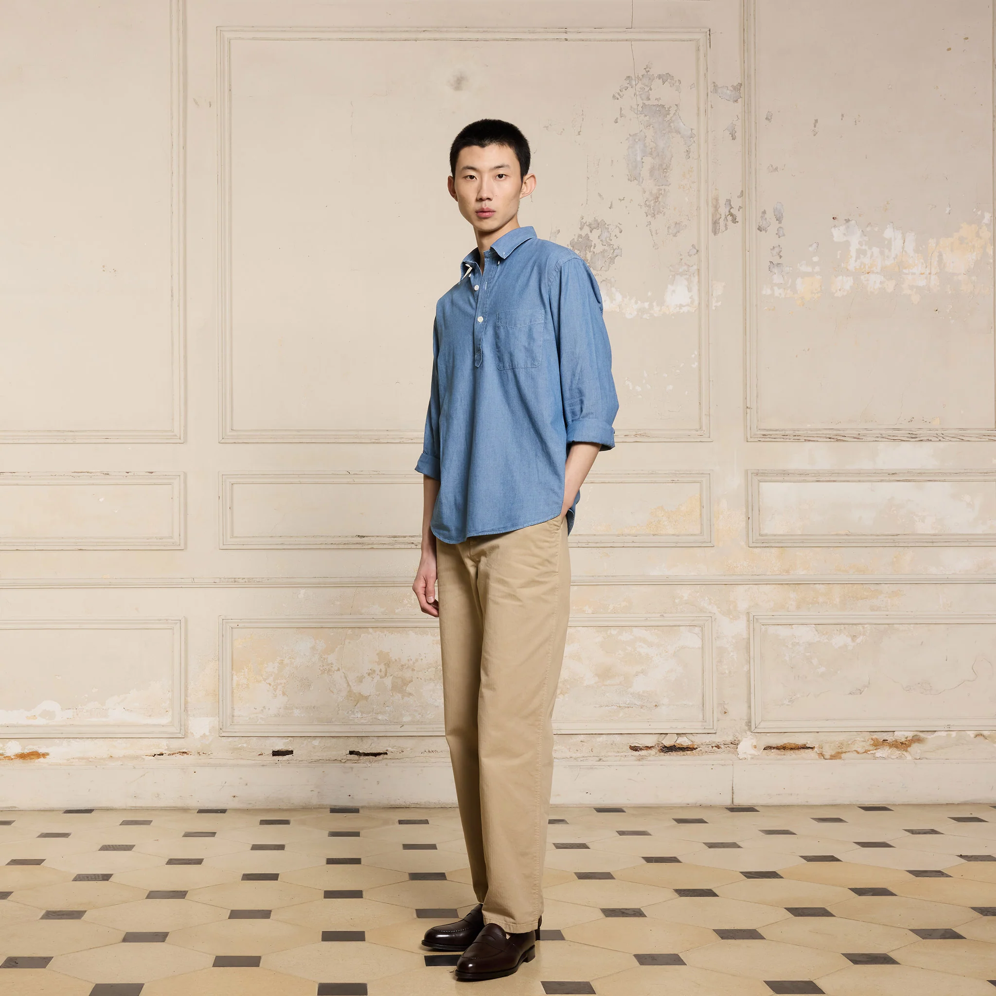 Denim blue chambray popover shirt