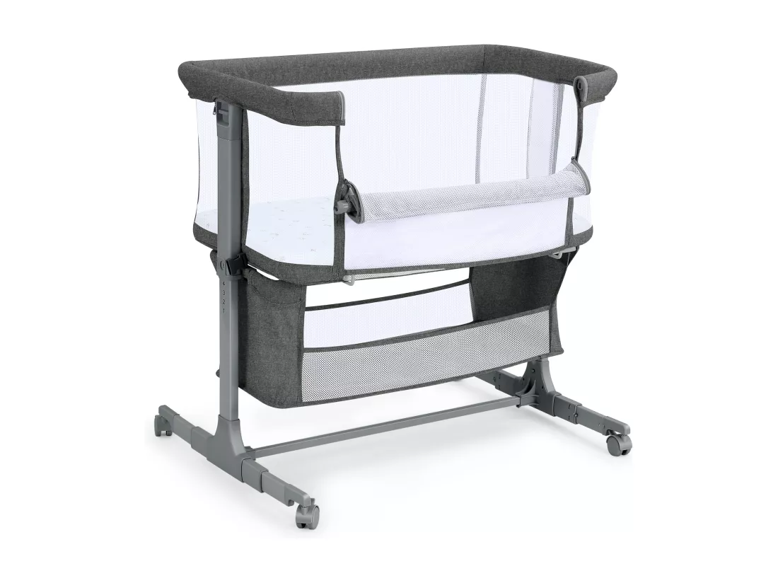 Berceau Cododo, 7 Hauteurs Réglables, avec matelas et sac de Rangement, paroi latérale pliable, roues pivotantes à 360° avec frein