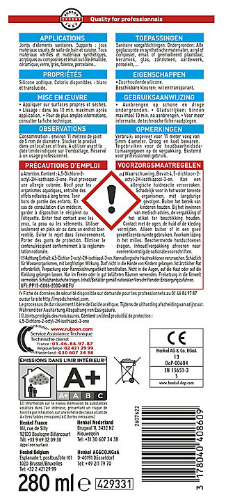 Mastic Rubson SA2 Sanitaire Tous supports blanc cartouche 280ml