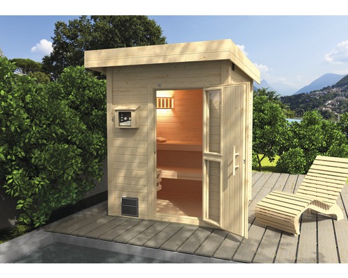 Weka Naantali saunacabine inclusief 9 kW kachel en externe bedieningseenheid, met houten deur en geïsoleerd glas.