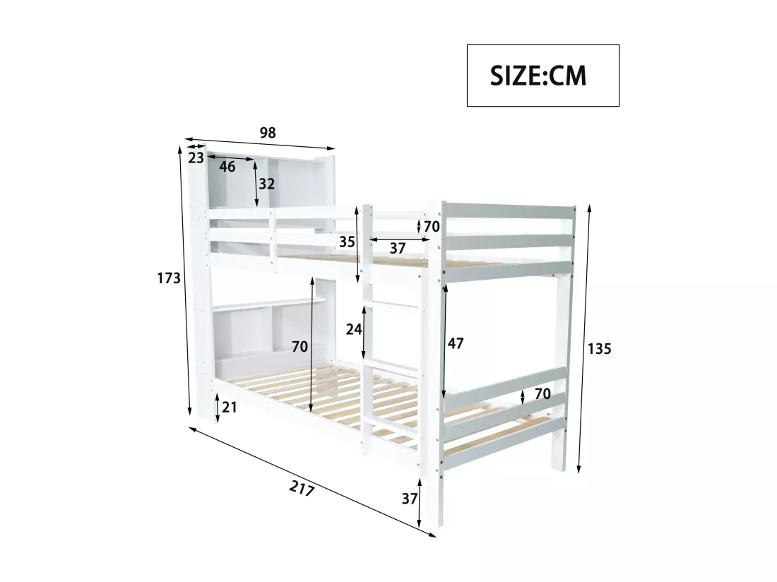Lit superposé avec tête de lit rangement - 2 x 90 x 200 cm - bois massif - coloris blanc