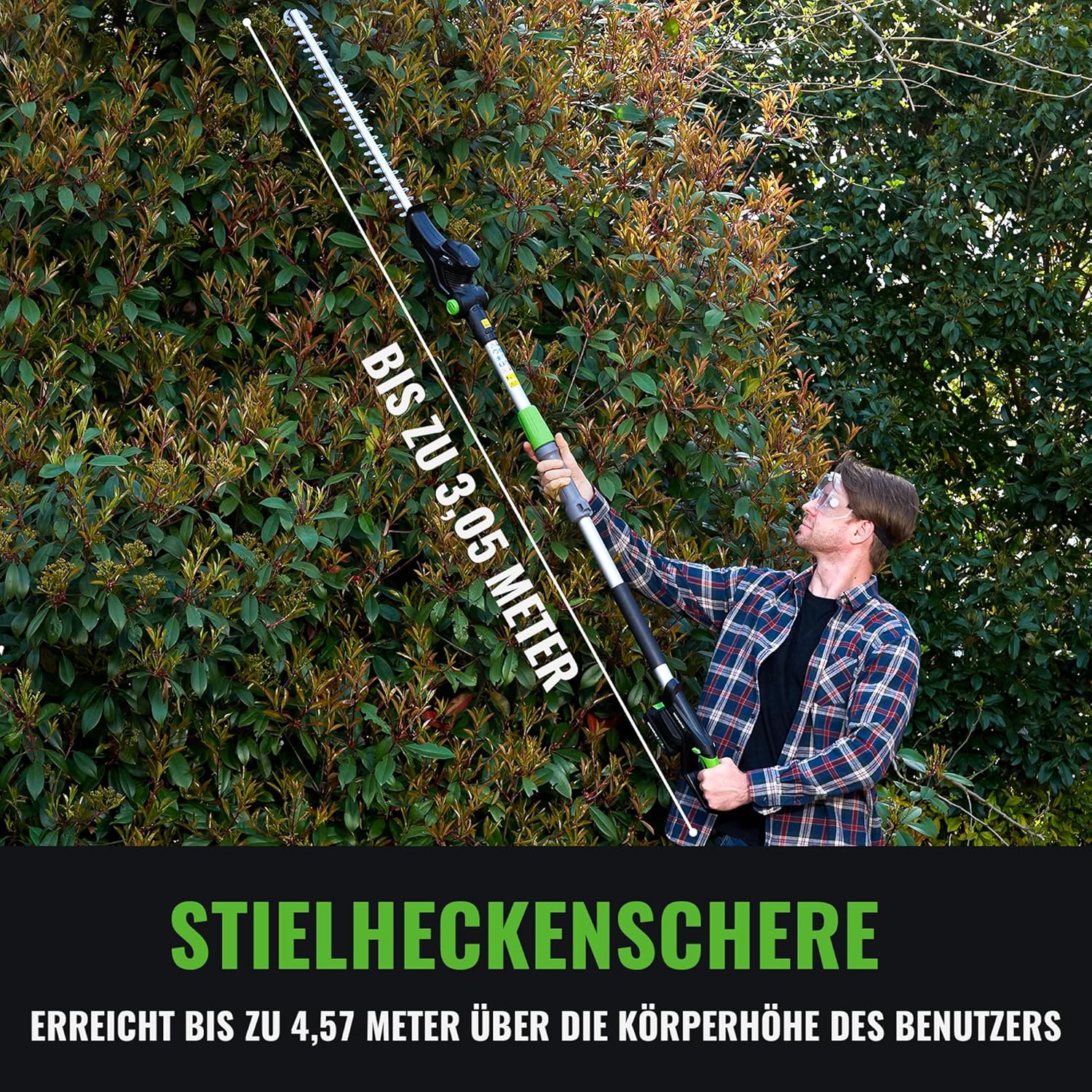 Stab-Heckenschere, kabellos, 20 V, mit batteriebetriebener 50,8 cm elektrischer Heckenschere, 3 m Reichweite, mit Verlängerungsstange, mehrere Winkel zum Beschneiden von Sträuchern