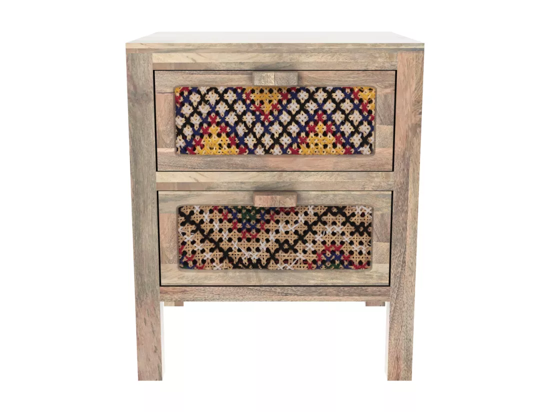 Table de chevet 2 tiroirs en manguier et cannage coloré - Massaï