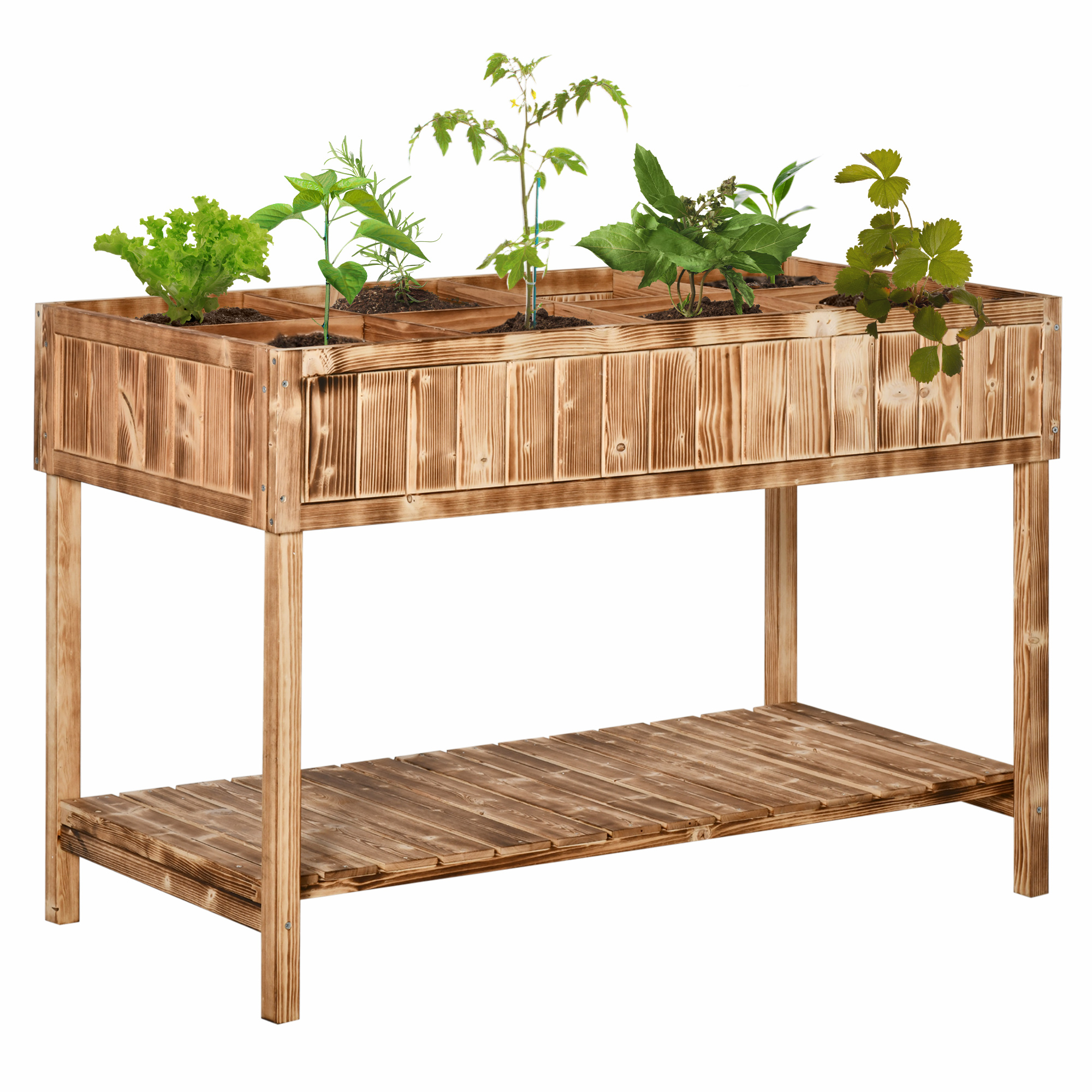 Jardim Urbano de Madeira Outsunny 120x60x81 cm, Jardineira Elevada para Cultivo de Plantas e Flores, Mesa de Cultivo com Prateleira Inferior para Jardim, Terraço e Área Externa, Acabamento Carbonizado