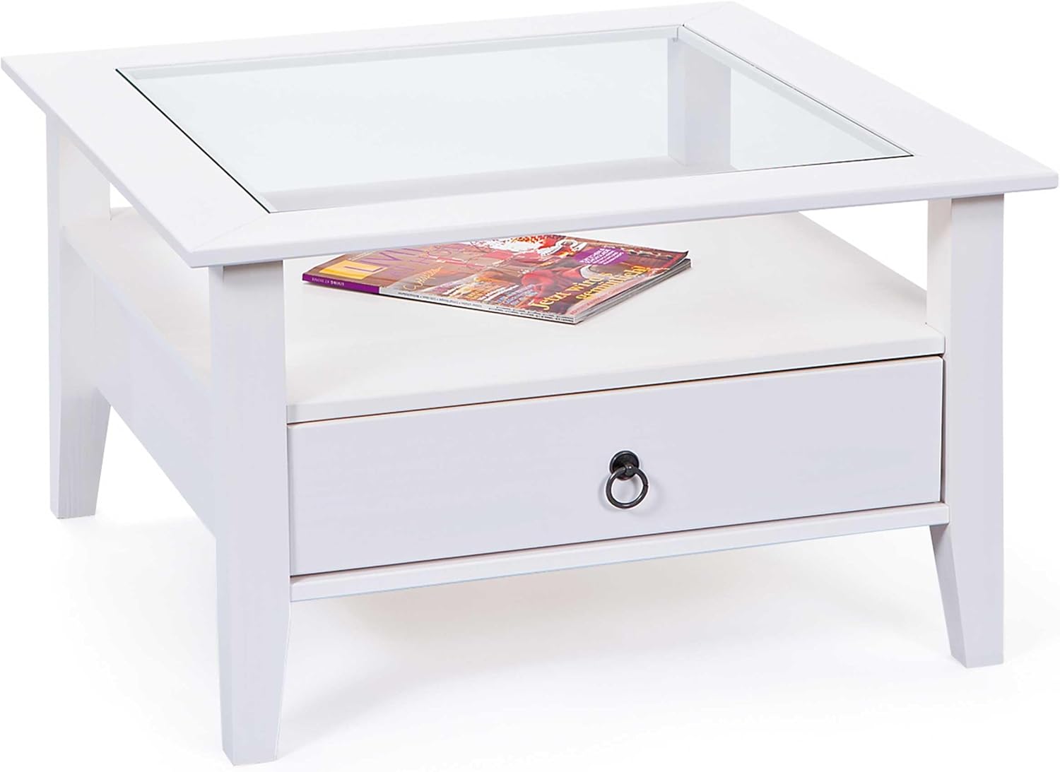 Inter Link - Couchtisch - Massivholztisch - Wohnzimmertisch - Sofatisch - Kiefer Massiv - mit Glasplatte - 1 weiß gebeizte Schubladen - 115 x 60 x 45 cm - Provence 1