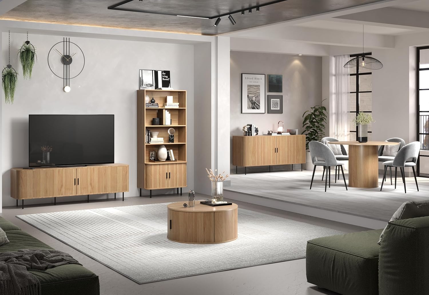 trendteam smart living - Ronin - Couchtisch - Eiche - Wohnzimmertisch rund mit Stauraum - (BxHxT) 80 x 36 x 80 cm - warme Eichefarbgebung mit vertikalen Rillen