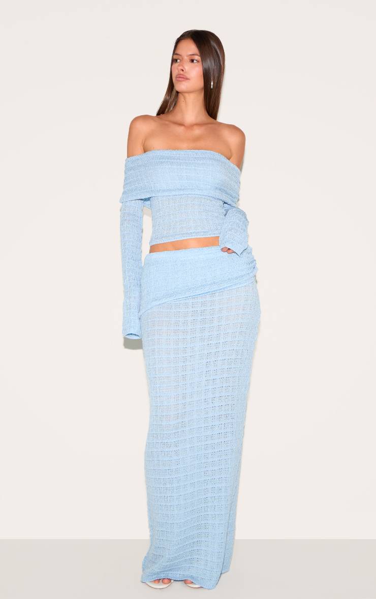 Bleu Jupe Longue En Maille Texturée À Taille Repliée