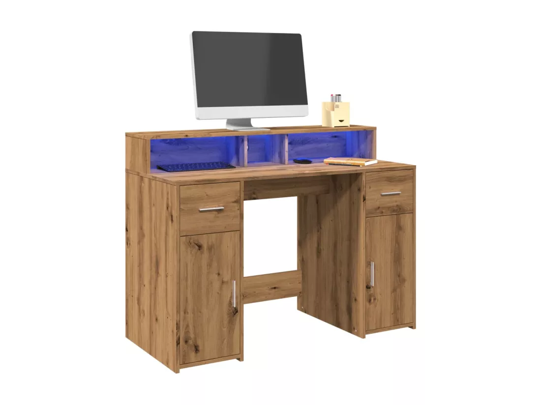 Bureau avec lumières LED chêne artisanal bois d'ingénierie