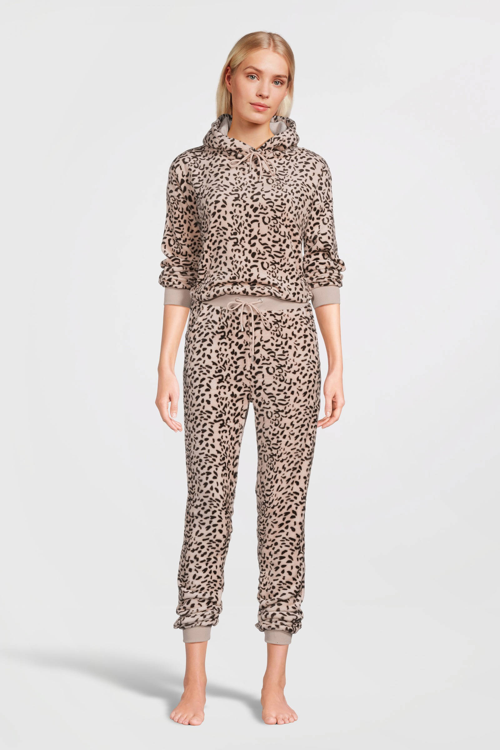 Apollo fleece huispak met capuchon roze/zwart