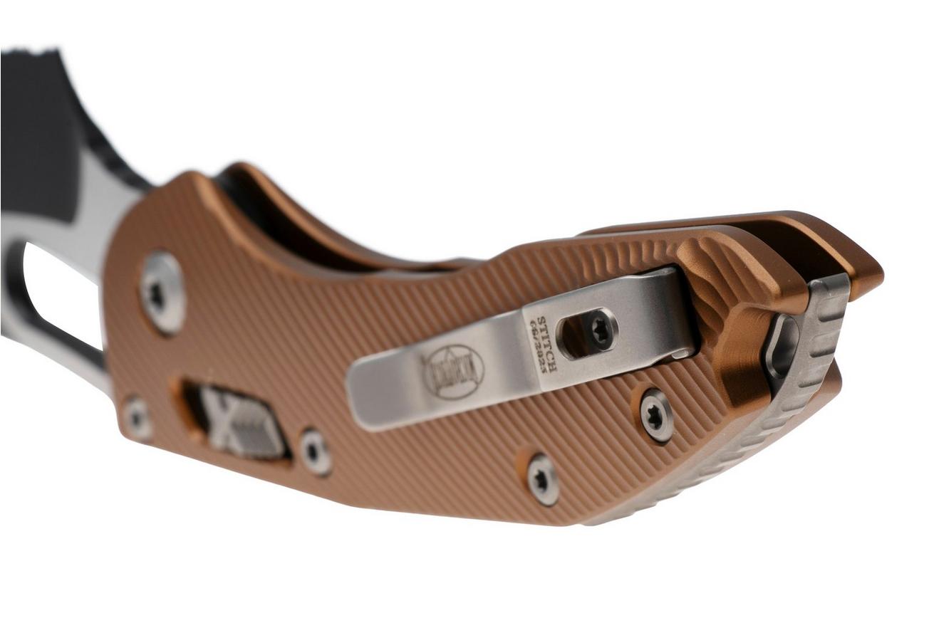 Microtech Stitch 169RL-2FLTA, Black Two Tone M390MK, Fluted Tan Aluminum, partial serrated zakmes, Borka Blades design