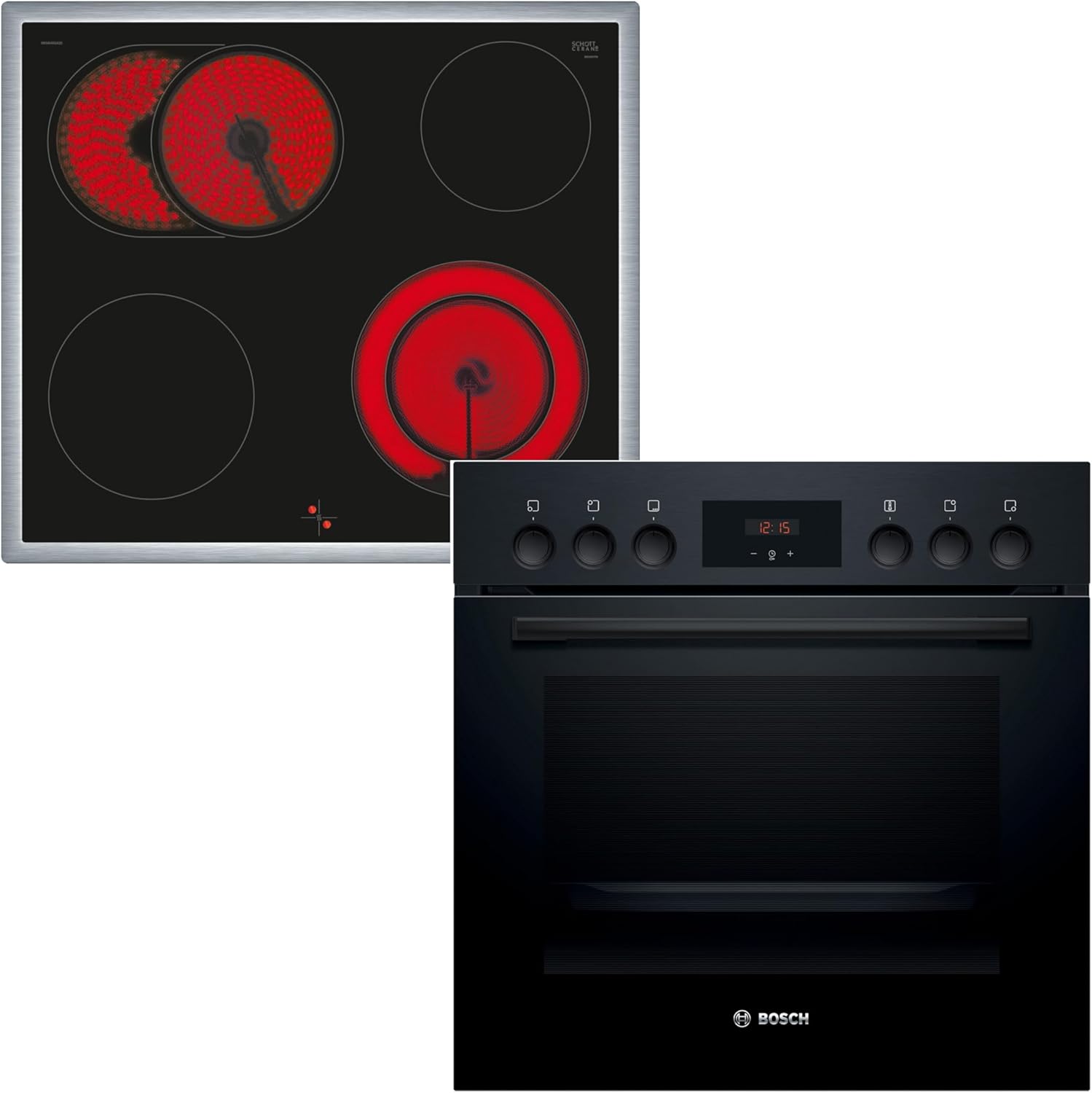 Bosch Einbauherd-Set HND211LB2, Serie 2 Einbau-Herd 60 cm mit 3D-Heißluft HEF113BB0, Serie 4 Elektro-Kochfeld 60 cm herdgesteuert mit Edelstahlrahmen, Bräterzone, 21 cm erweitbare Kochzone NKN645GA2E