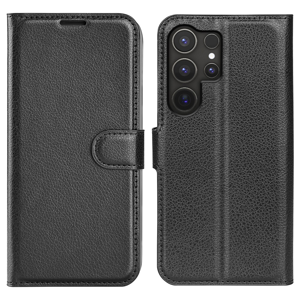 Samsung Galaxy S25 Ultra Leder Tasche Flip Cover Litchi Look - Schwarz