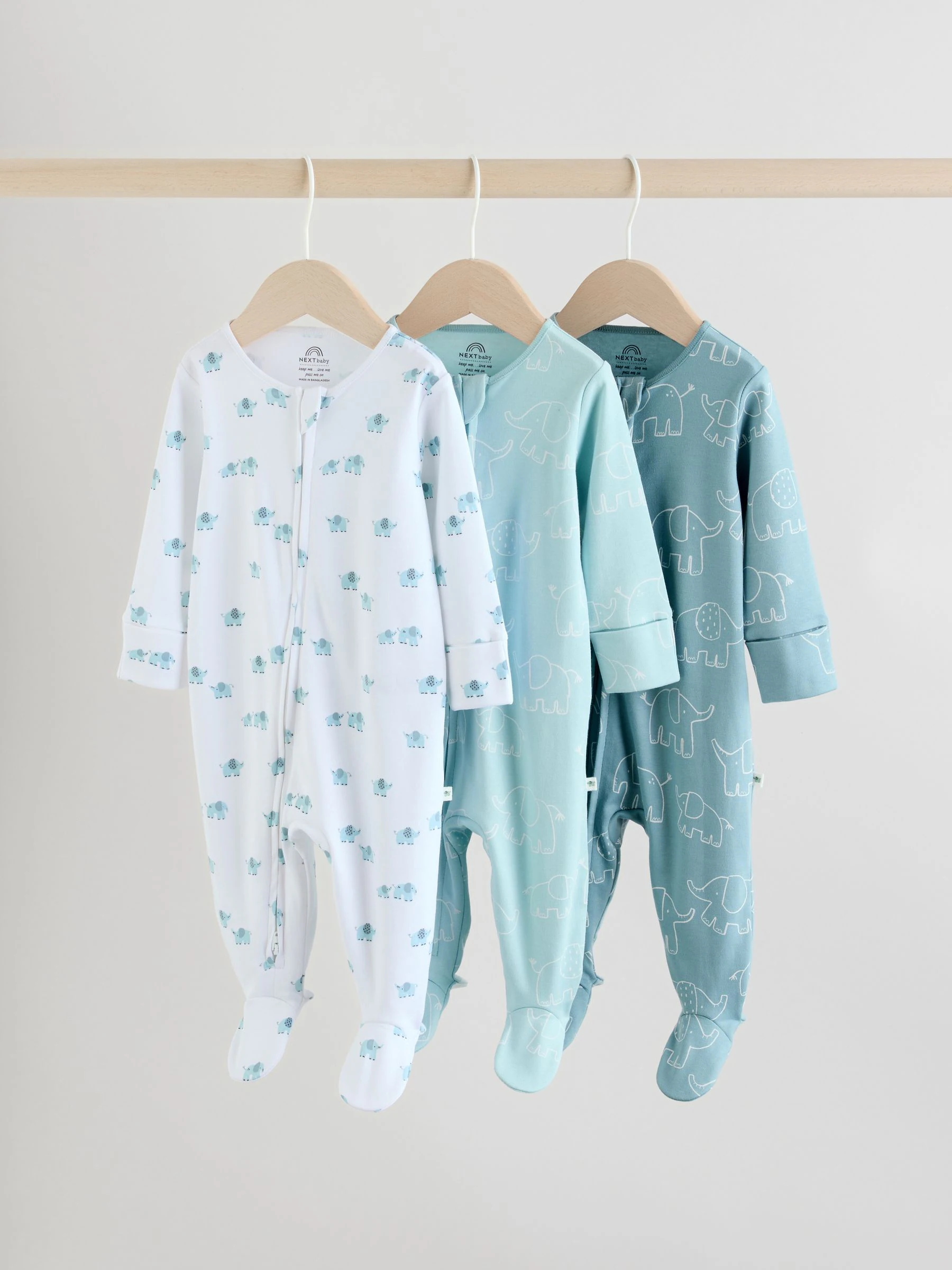 Blauw - Baby Linear Elephant Sleepsuits 3 Pack (0-2yrs)
