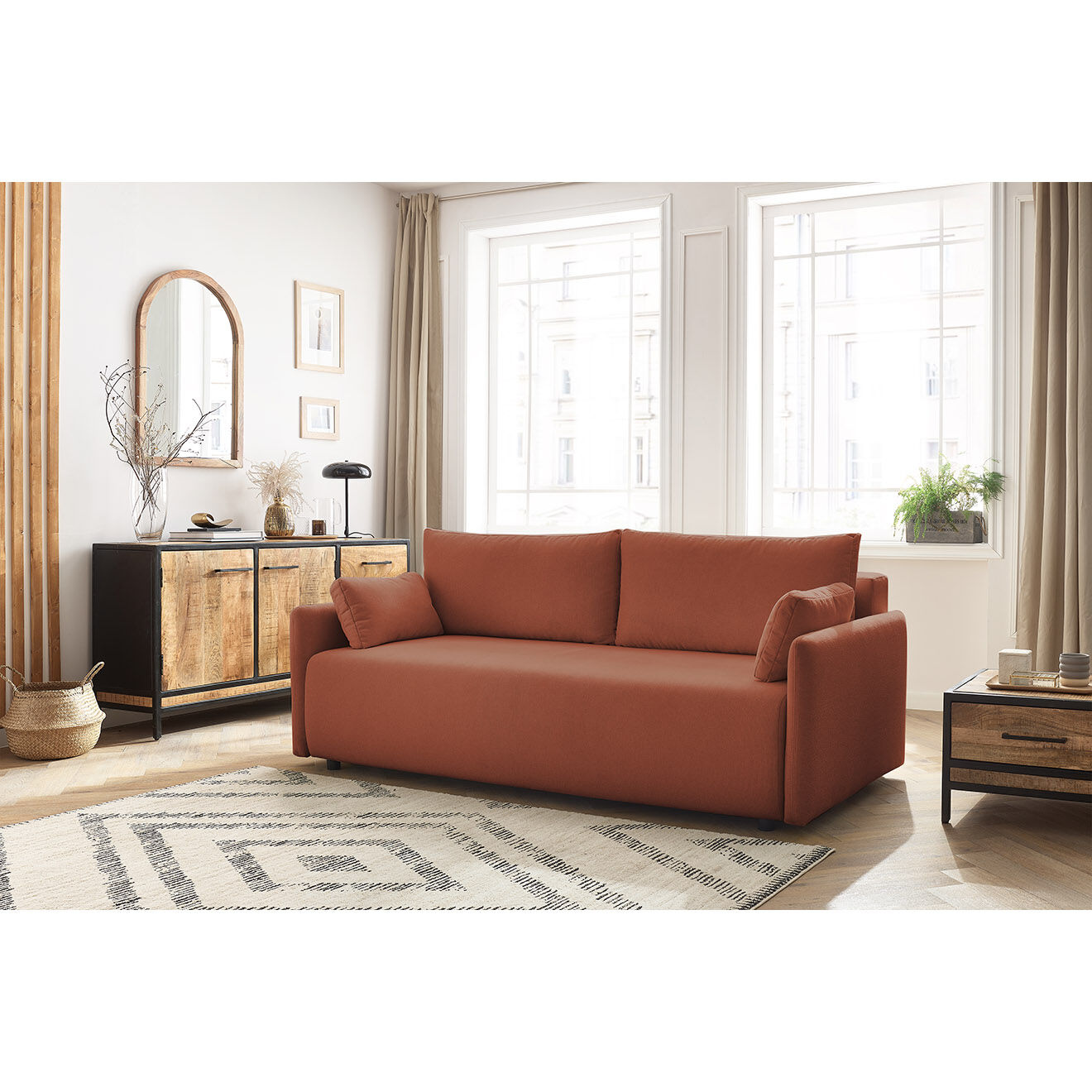 Bobochic Canapé droit convertible coffre marcel tissu lisse orange - 211x100x86 cm