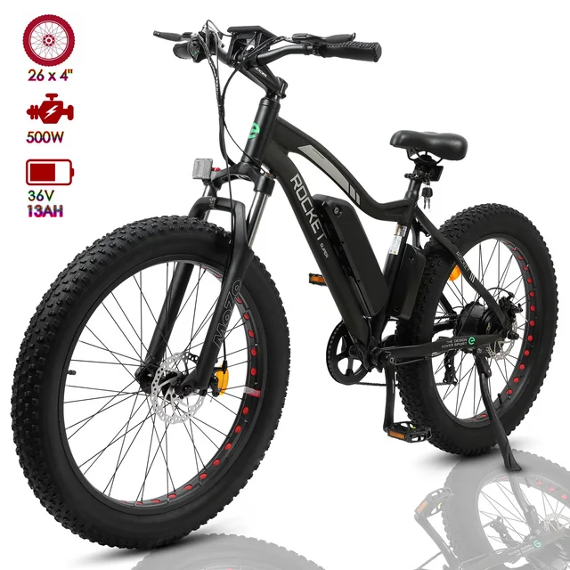 Bicicleta elétrica Ecotric com pneus largos de 26 polegadas, motor potente de 500 W, bateria de lítio removível de 36 V/12,5 Ah, ideal para praia, neve e montanha, com amortecimento para impactos. Perfeita para adultos.