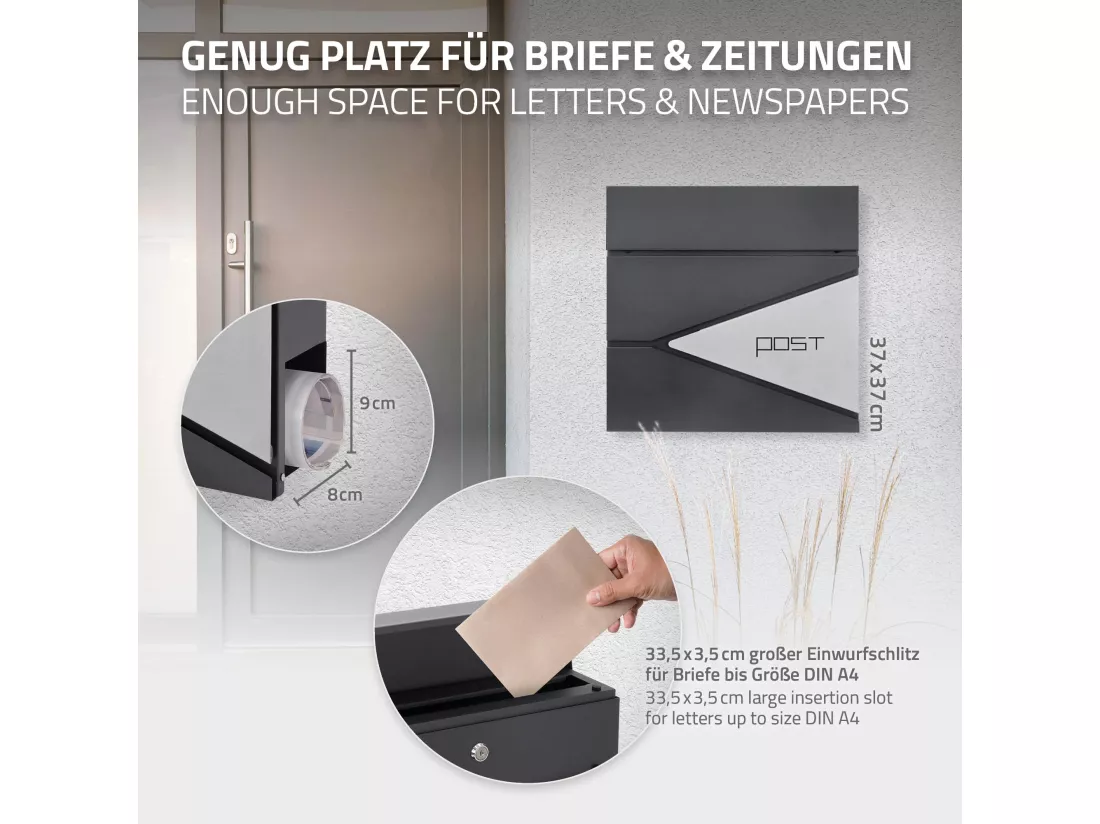 Boîte aux lettres murale anthracite/argenté avec rouleau à journaux ML-Design