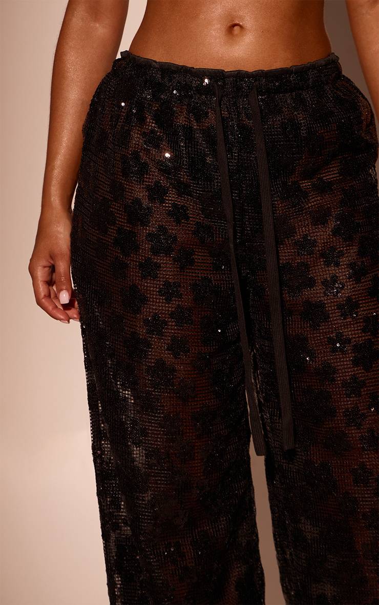 Noir Pantalon De Plage Au Crochet À Sequins Avec Cordon De Serrage