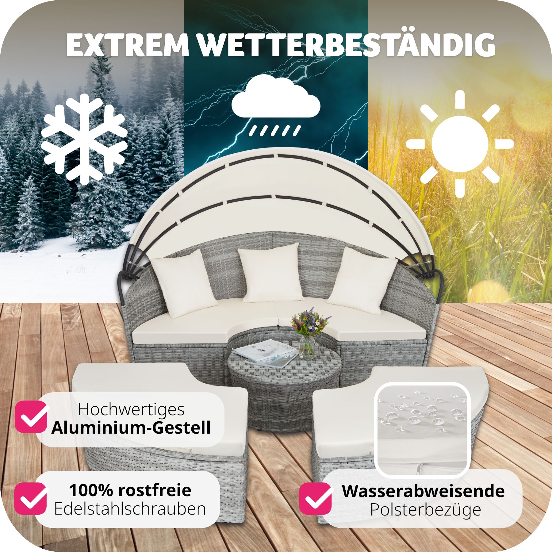 tectake® Rattan Sonneninsel, mit Aluminiumgestell, klappbares Sonnendach, variabel aufstellbar
