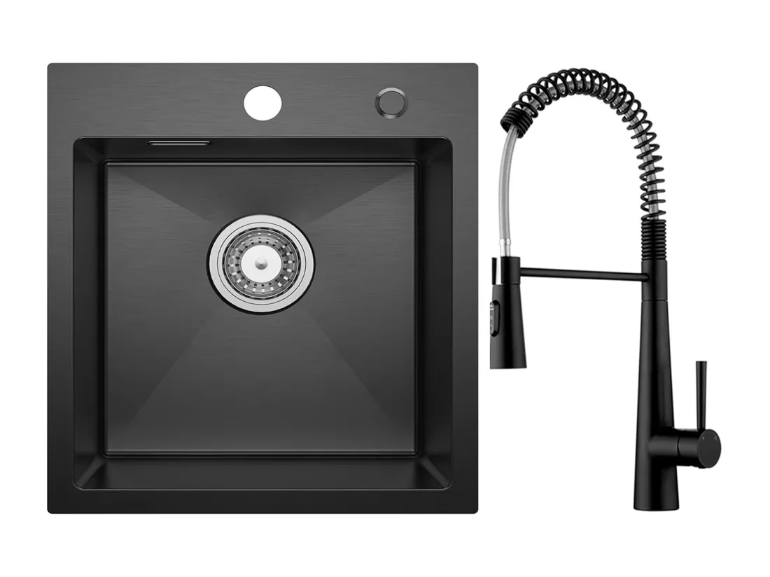 Cecipa max Evier de Cuisine Noir 40*45CM - Évier Inox Évier 1 Bac + Mitigeur de Cuisine à Ressort avec 3 Modes de Sortie D'eau, Noir
