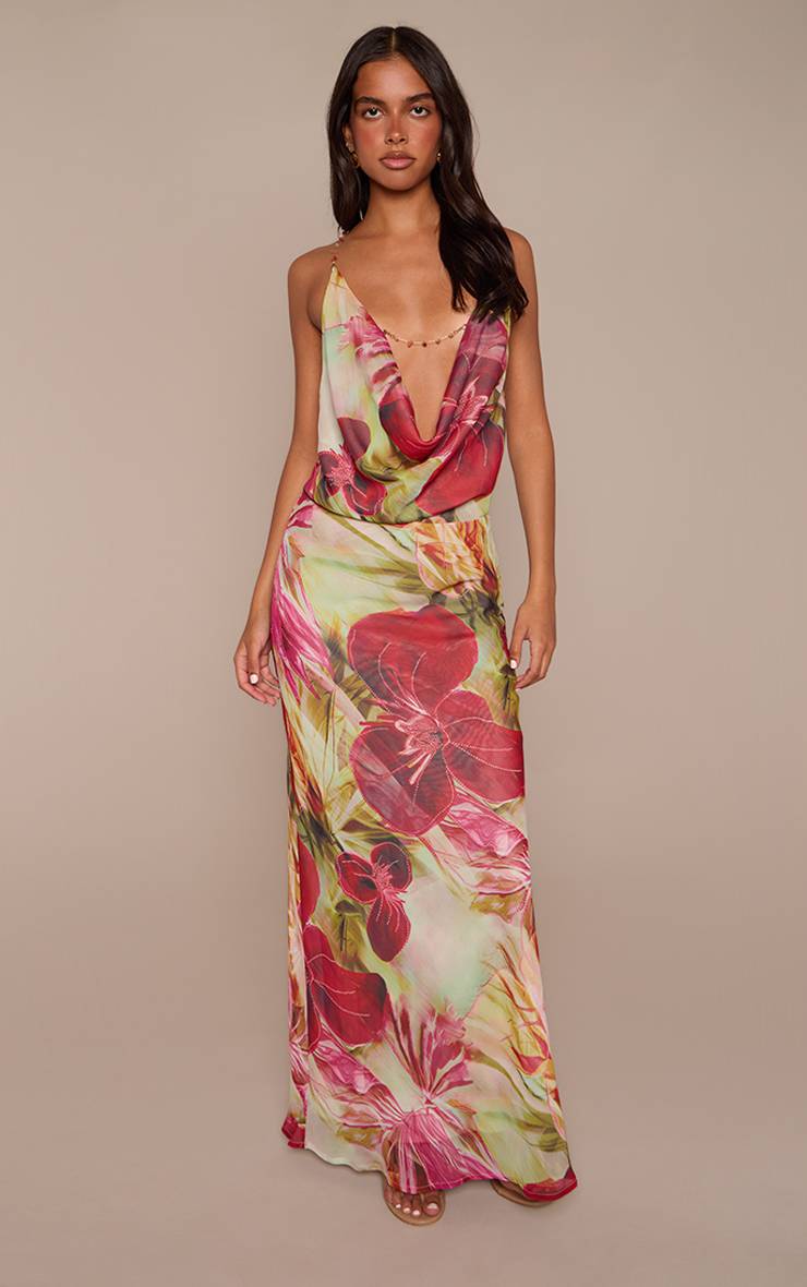 Vert Robe Longue Dos Nu En Mousseline À Imprimé Floral Avec Perles