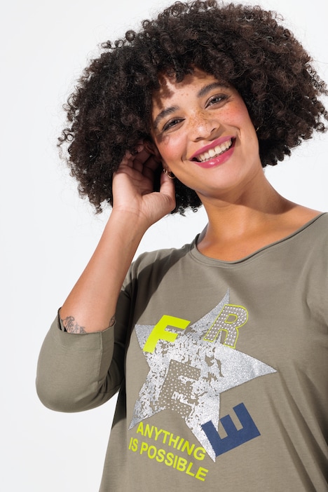 T-Shirt, Glitzer-Stern, offenkantige Abschlüsse