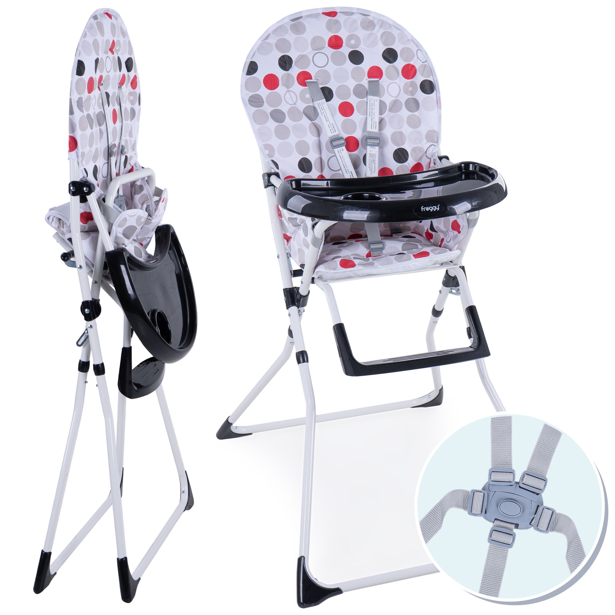 FROGGY Kinderhochstuhl klappbar Mika - kompakter Babystuhl, mit 5-Punkt Sicherheitsgurt, wasserdichte Sitzauflage, Tablett und Becherhalter, ab 6 Monate bis 15 kg | Schwarz