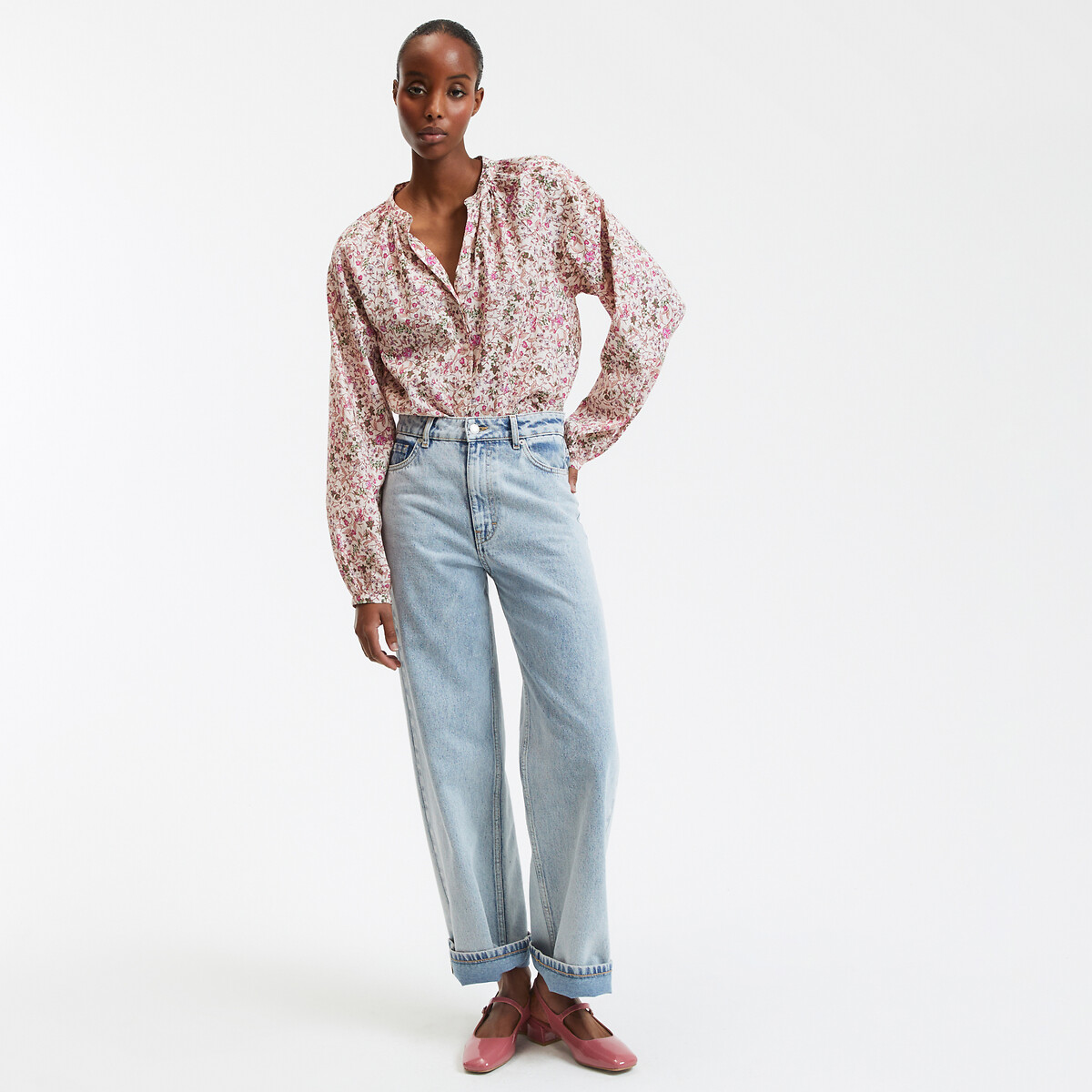 COLEÇÃO LA REDOUTE<br>Blusa com decote redondo, estampa floral e mangas compridas