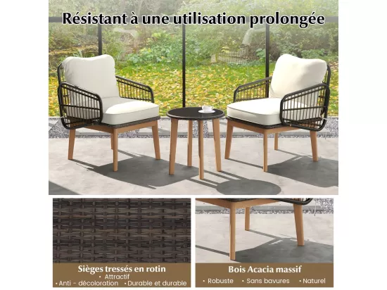 Ensemble de Meubles 3 Pièces de Patio en Rotin et fibre naturelle Charge 180KG, Salon de Jardin 2 Fauteuils Table Basse en Verre Trempé avec Coussins Lavables Accoudoirs pour Jardin Balcon