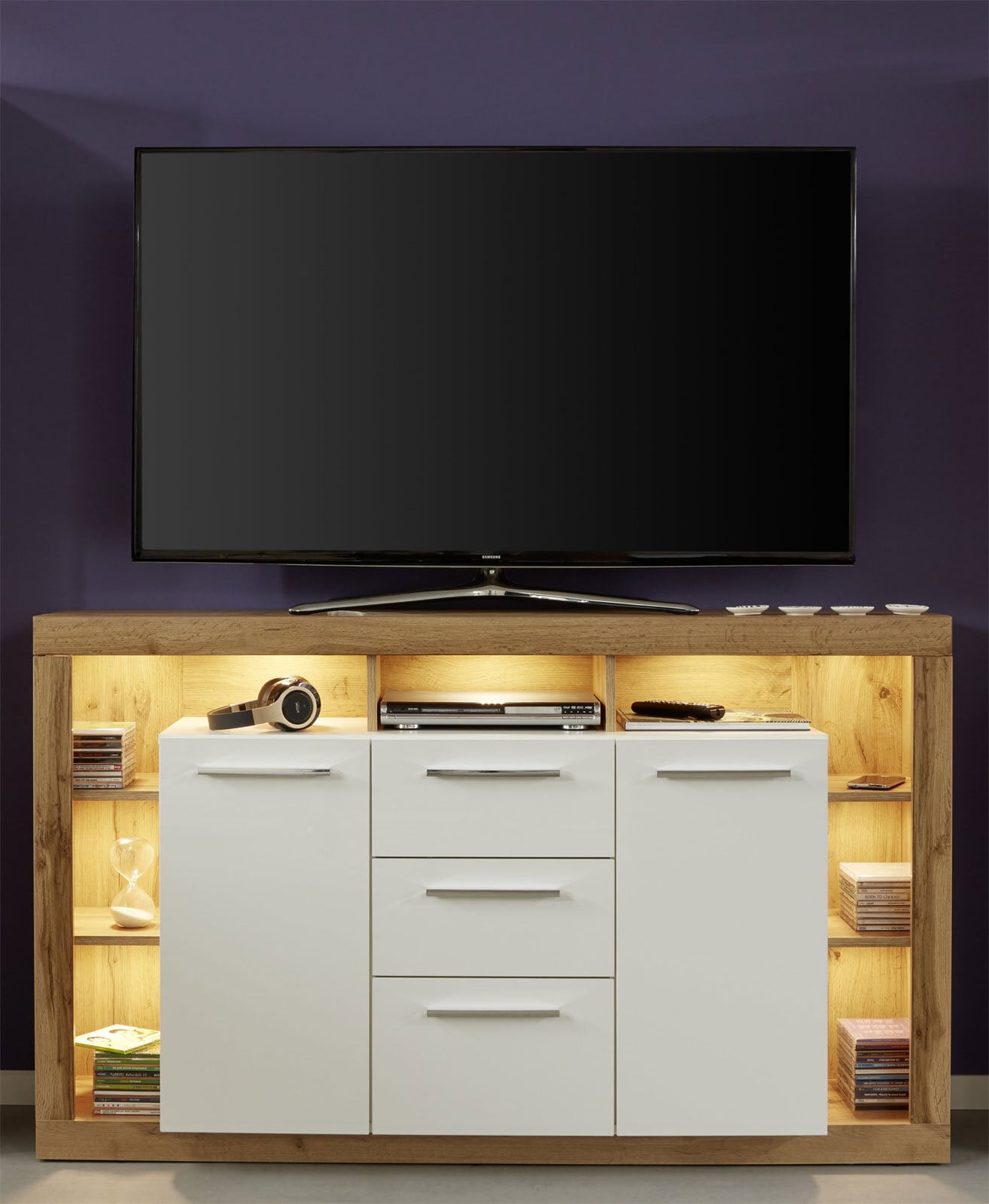 Sideboard Rock Weiß Hochglanz/Wotan Eiche Nachbildung 150 x 90 x 40 cm