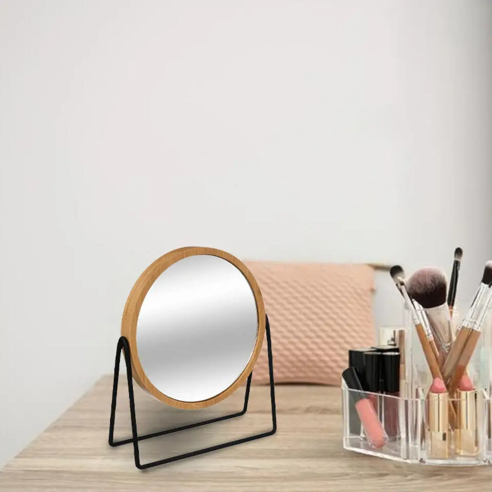 Make-up spiegel - 3x zoom - bamboe/hout - 17 x 20 cm - bruin/zwart