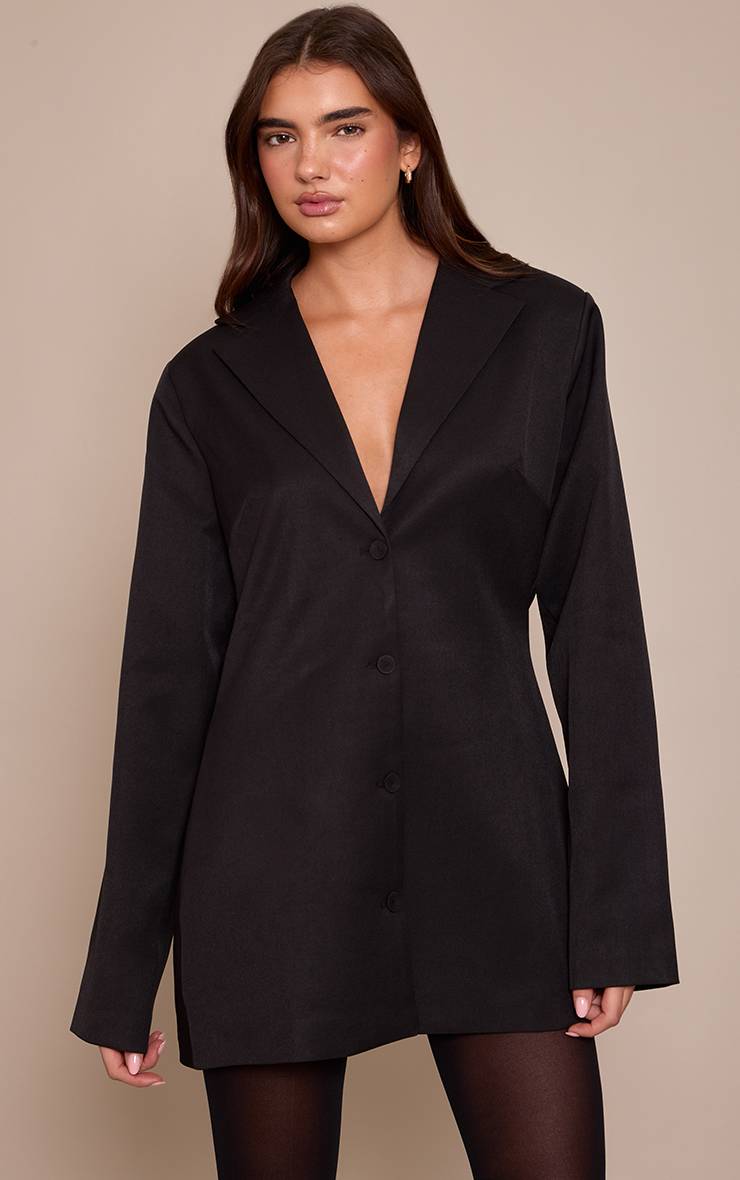 Noir Robe Blazer Dos Nu À Col Drapé En Tissu Tissé