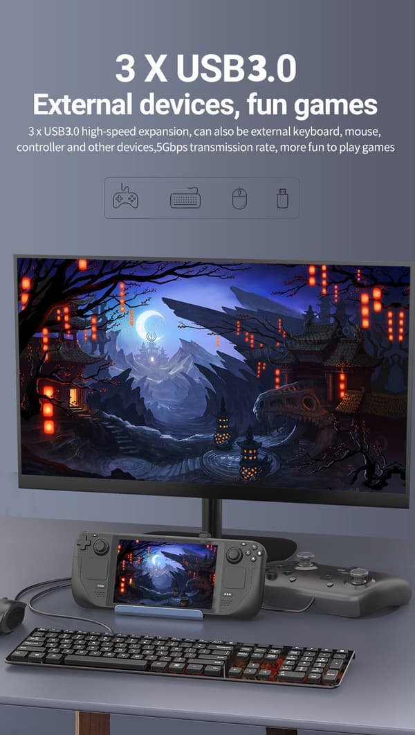 NÖRDIC USB-C 1 til 6 dokkingstasjon for Steam Deck, HDMI 2.0 4k60Hz, RJ45, USB-A 3.0 5 Gbps, 100W USB-C PD