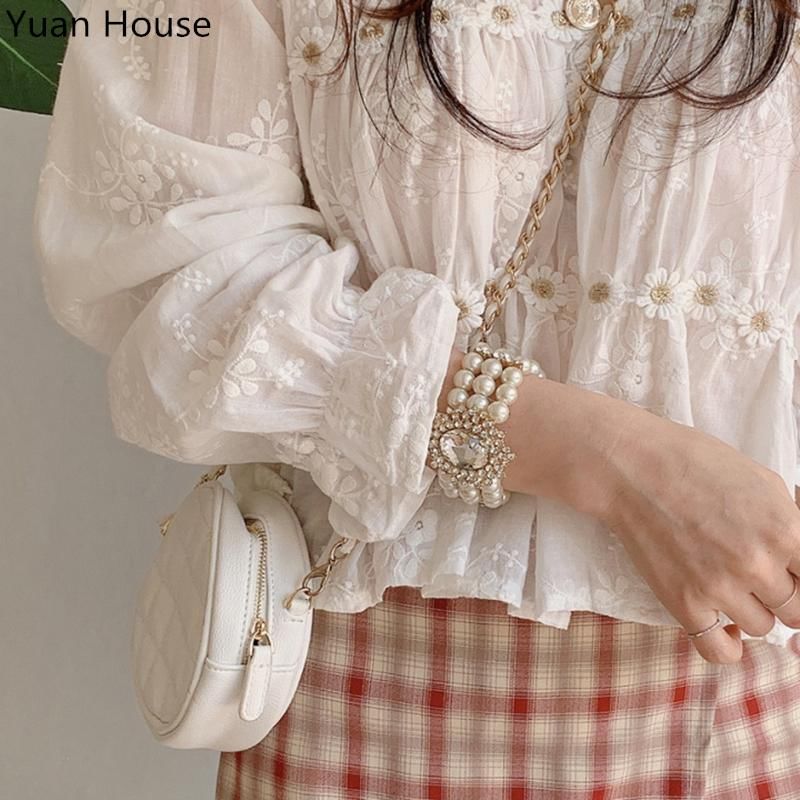 Yunhouse - Lange mouwen V-hals effen chiffon blouse / Hoge taille geruite mini A-lijn rok