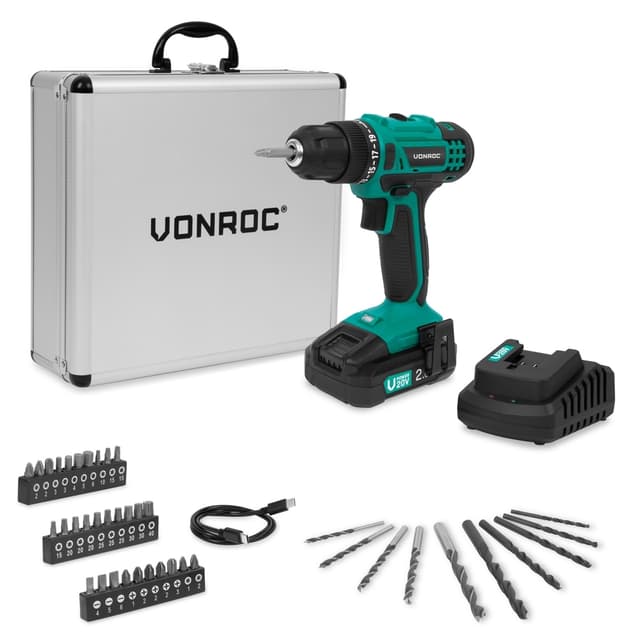 VONROC Bore- / skruemaskine 20V | Inkl. 2.0Ah Akku, Oplader og 46 Tilbehør i Premium Kuffert