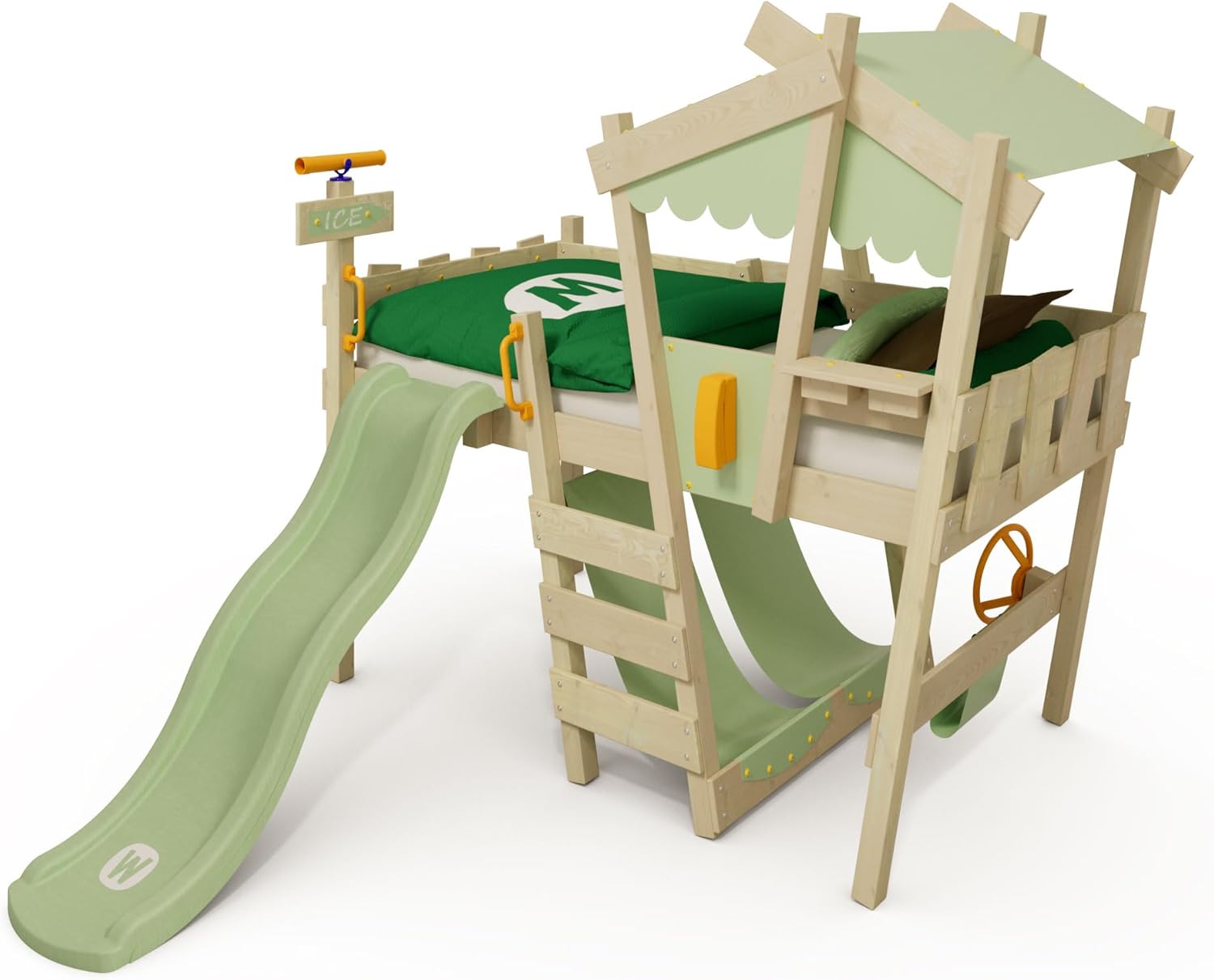 Wickey Kinderbett Hochbett Crazy Snuggy - mit pastellgrüner Rutsche & pastellgrüner Plane