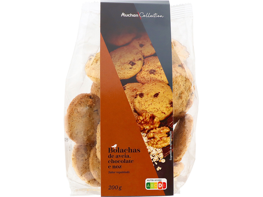 BOLACHA AUCHAN COLLECTION DE AVEIA CHOCOLATE E NOZ 200G