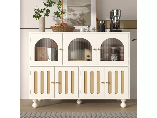 Buffet de salle à manger moderne blanc avec design arc-en-ciel, longues portes en verre, pieds à colonnes rondes, meuble de rangement élégant