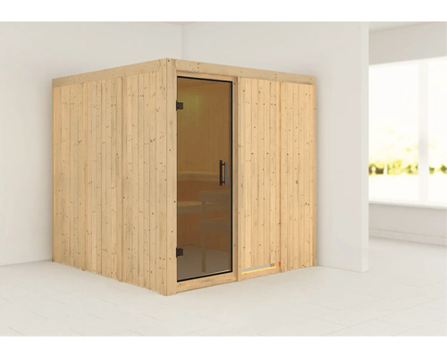 Karibu Rodina modulaire sauna zonder oven en dakrand, met grafietkleurige volledig glazen deur