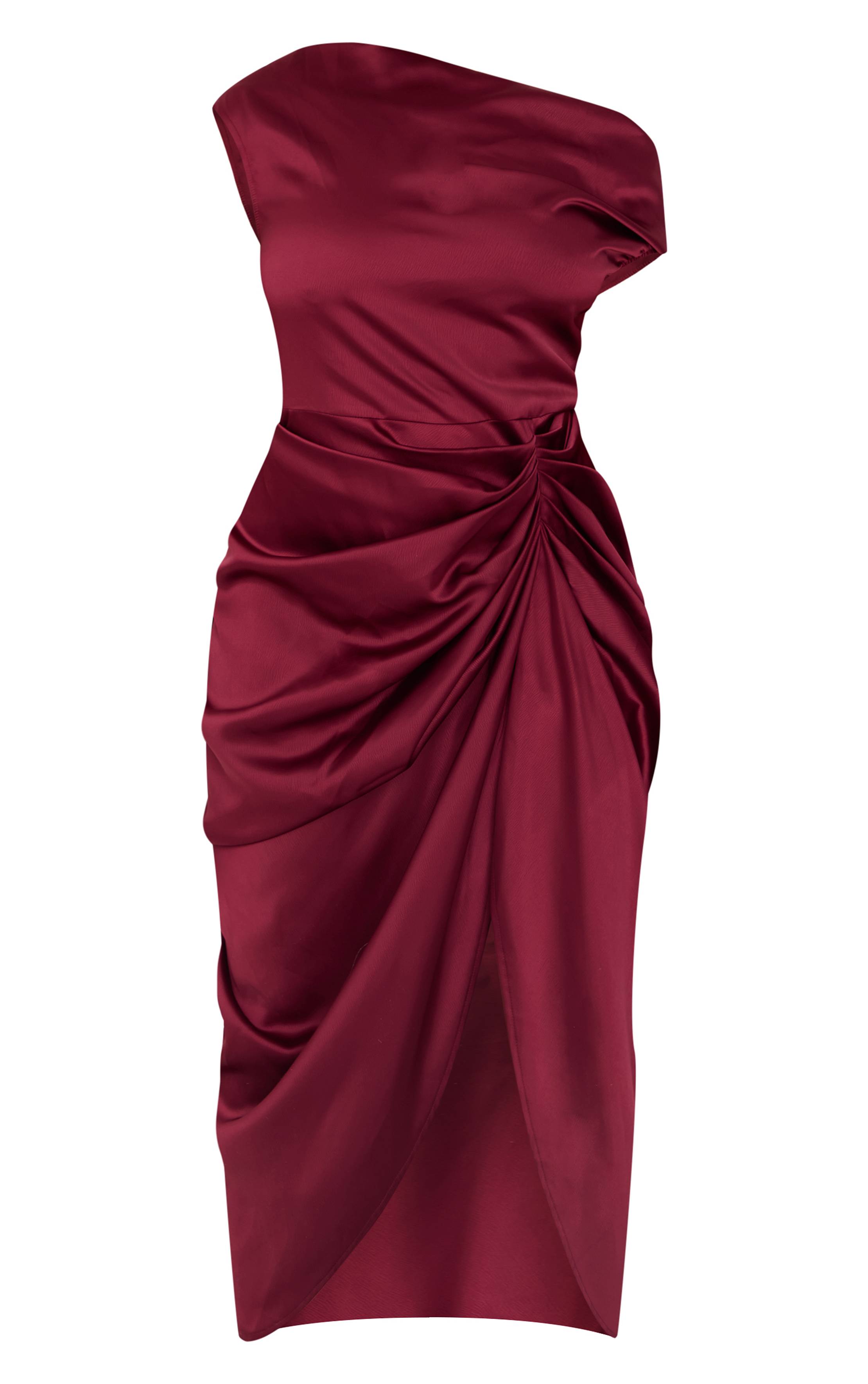 Rouge Bordeaux Robe Midi Grande Taille En Satin Avec Épaules Dénudées Et Jupe Drapée