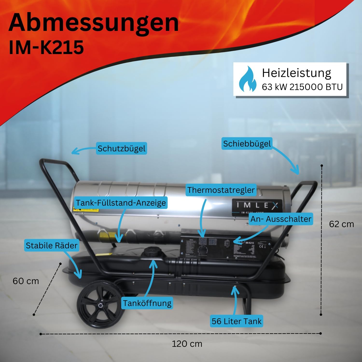 IMLEX Heizkanone 63 kW Diesel Ölheizer Bautrockner Bauheizer Heißluftgenerator Heizgebläse mit Thermostat 56L Tank Luftstrom 1200 m³/h Heizstrahler für Räume bis 610 m²