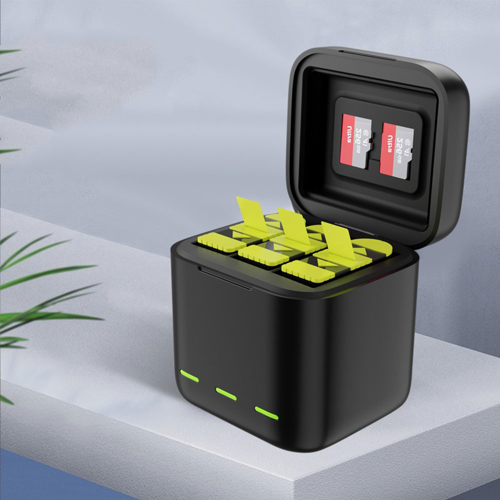 GoPro Hero 12 / 11 / 10 / 9 3-fach USB Akku Box Ladegerät inkl. 2 Batterien   Micro SD Kartenfach - Schwarz