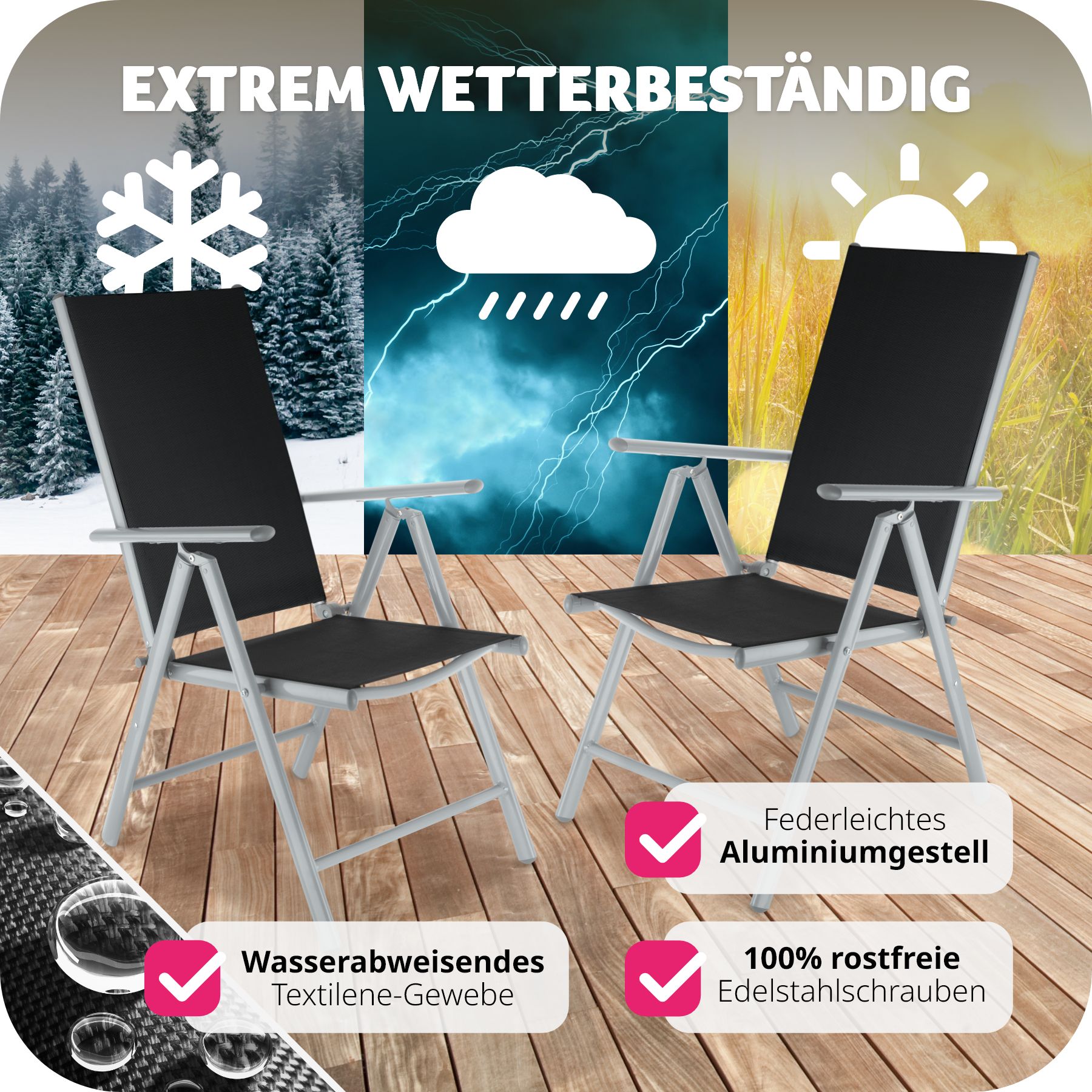 tectake® 2er Set Gartenstuhl, klappbar, 7-fach verstellbare Rückenlehne, 67 x 56 x 105 cm