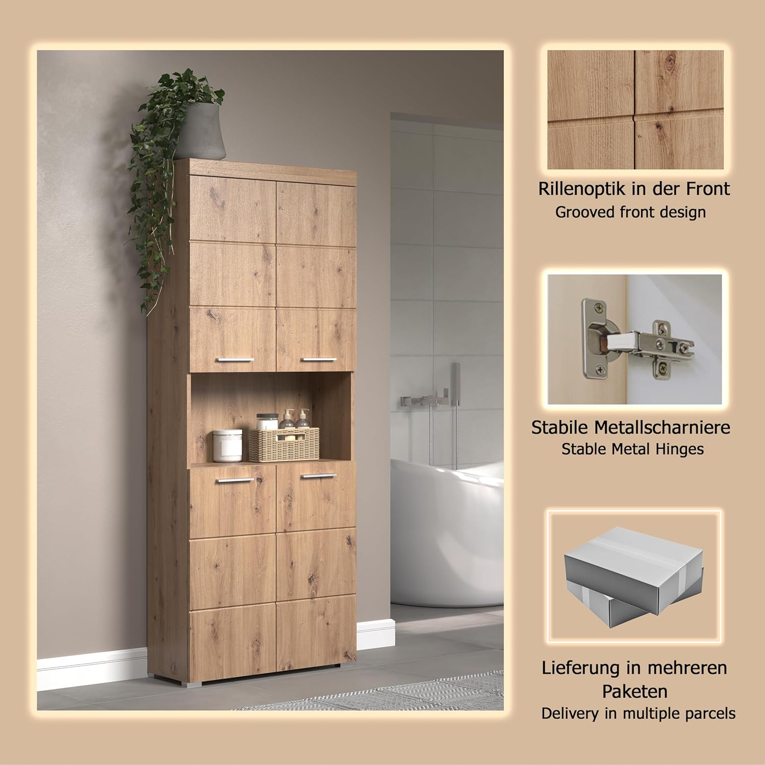 trendteam smart living - Amanda - Hochschrank - Eiche - Badezimmerschrank breit mit 4 höhenverstellbaren Einlegeböden - (BxHxT) 73 x 190 x 31 cm - 8 Fächer und eine große Ablage - Kratzfest